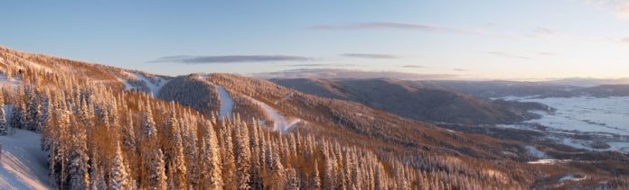 panorama of ski slopes at winter, steamboat ski resort, colorado, united states