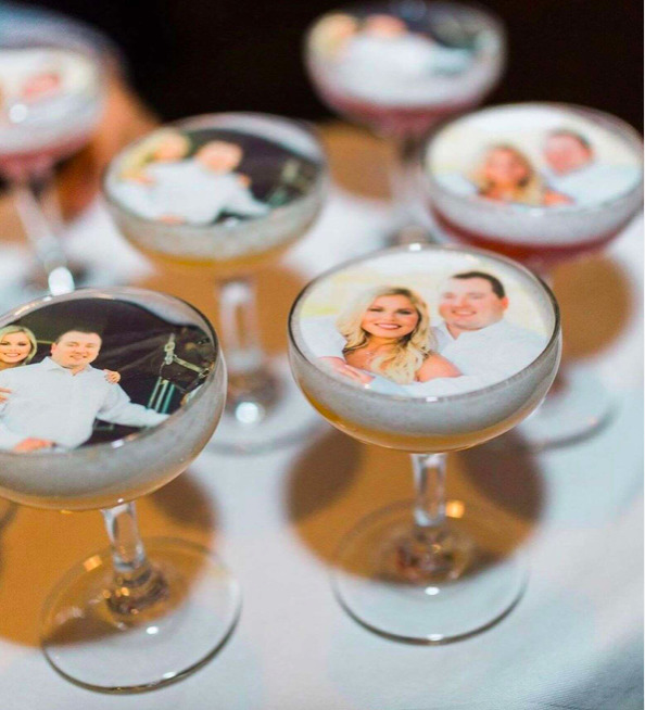 Cocktails with wedding photos.