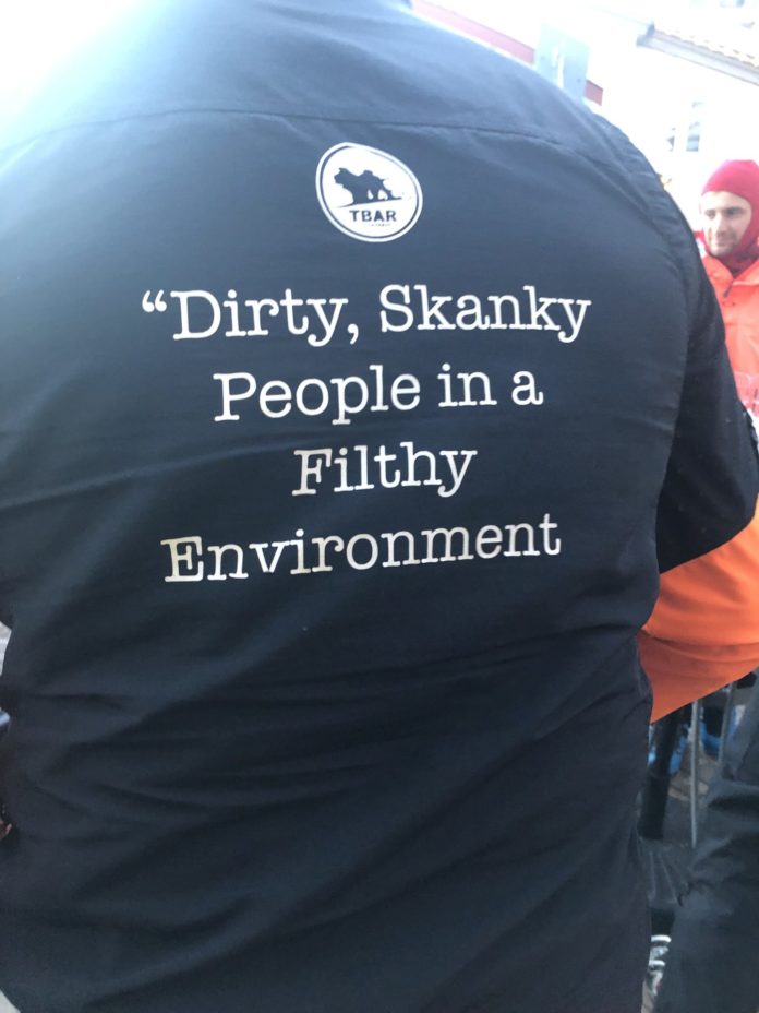 T-Bar t-shirt that reads Dirty, skanky people in a filthy environment